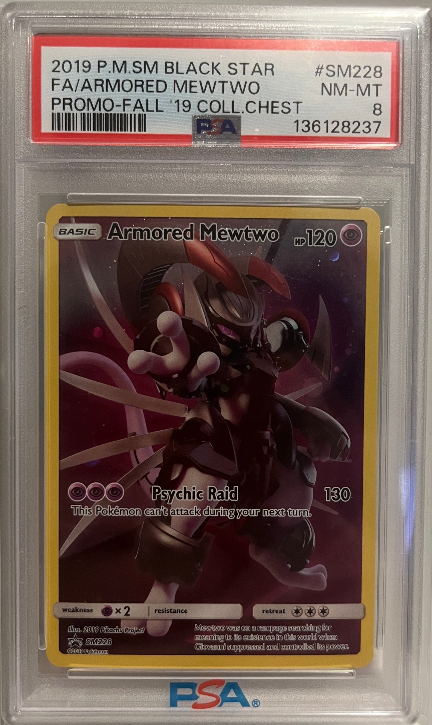 FA/ARMORED MEWTWO PROMO-FALL '19 COLL.CHEST 2019 POKEMON SM BLACK STAR PROMO PSA NM-MT 8